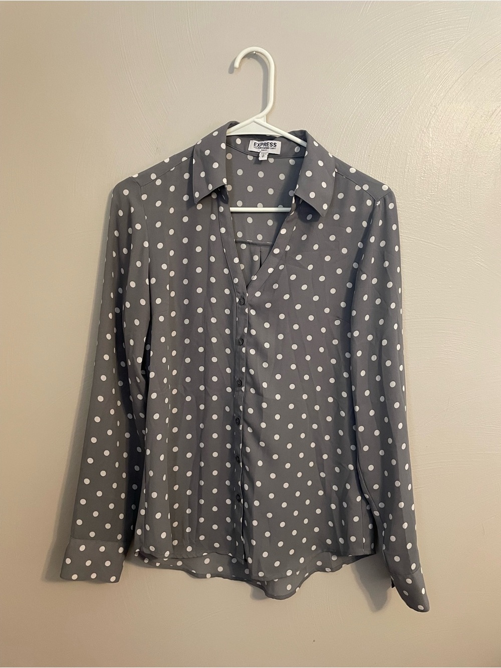 Express Women’s Potorfino Blouse Slim Fit Size Small Grey & White polka dot